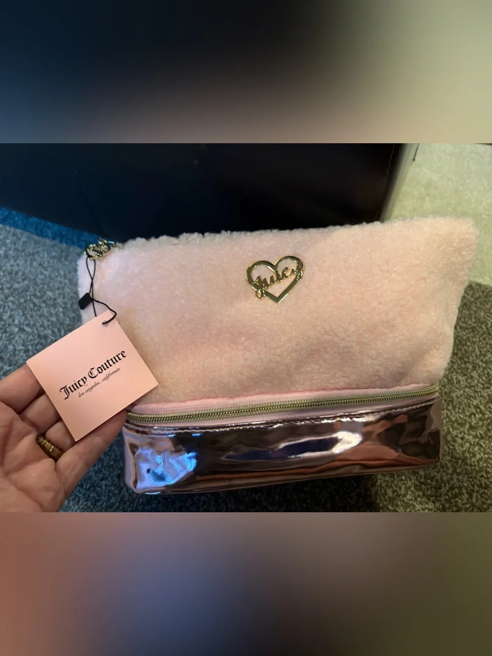 NWT Juicy Couture Pink Sherpa Roomy Cosmetic Bag w/Gold Accent